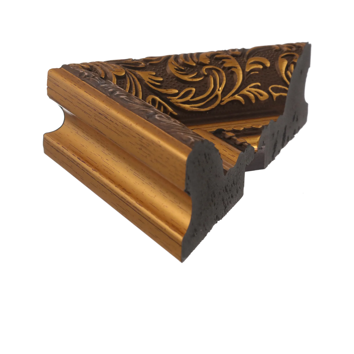 Side view of Baroque II picture frame in gold