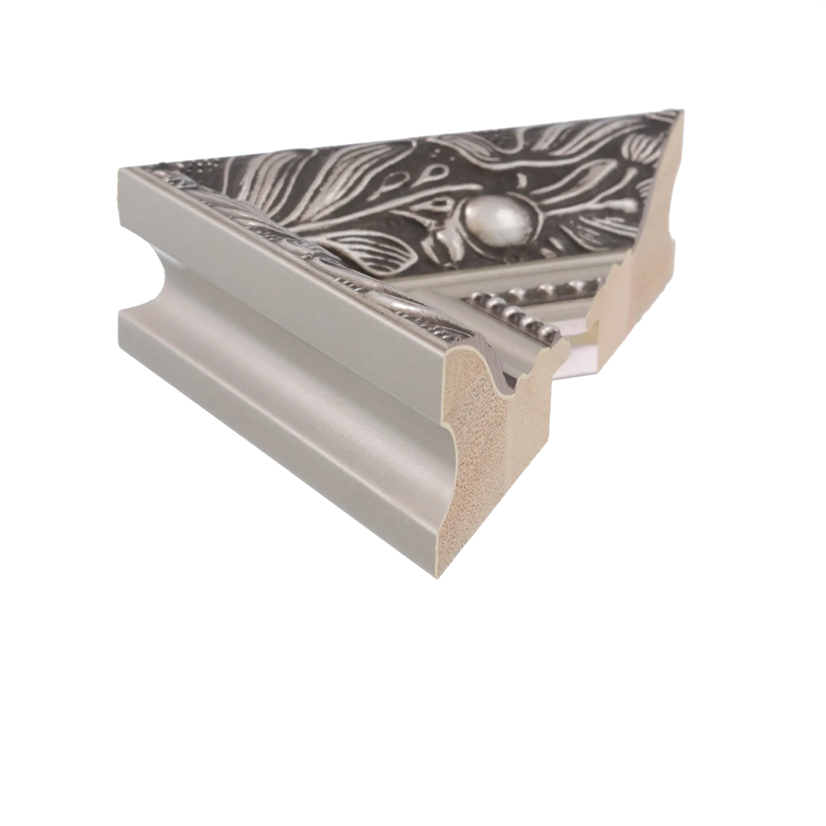 Side view of Baroque III picture frame in silver