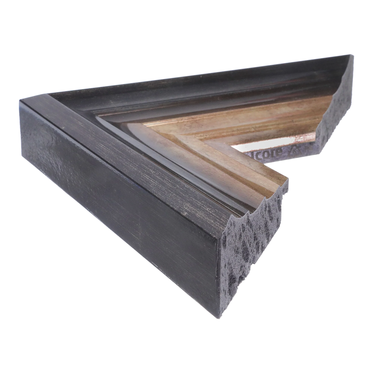 Side view of Flow II picture frame in champagne