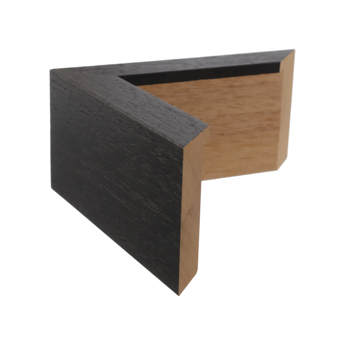 Side view of Spacer II picture frame in black grain