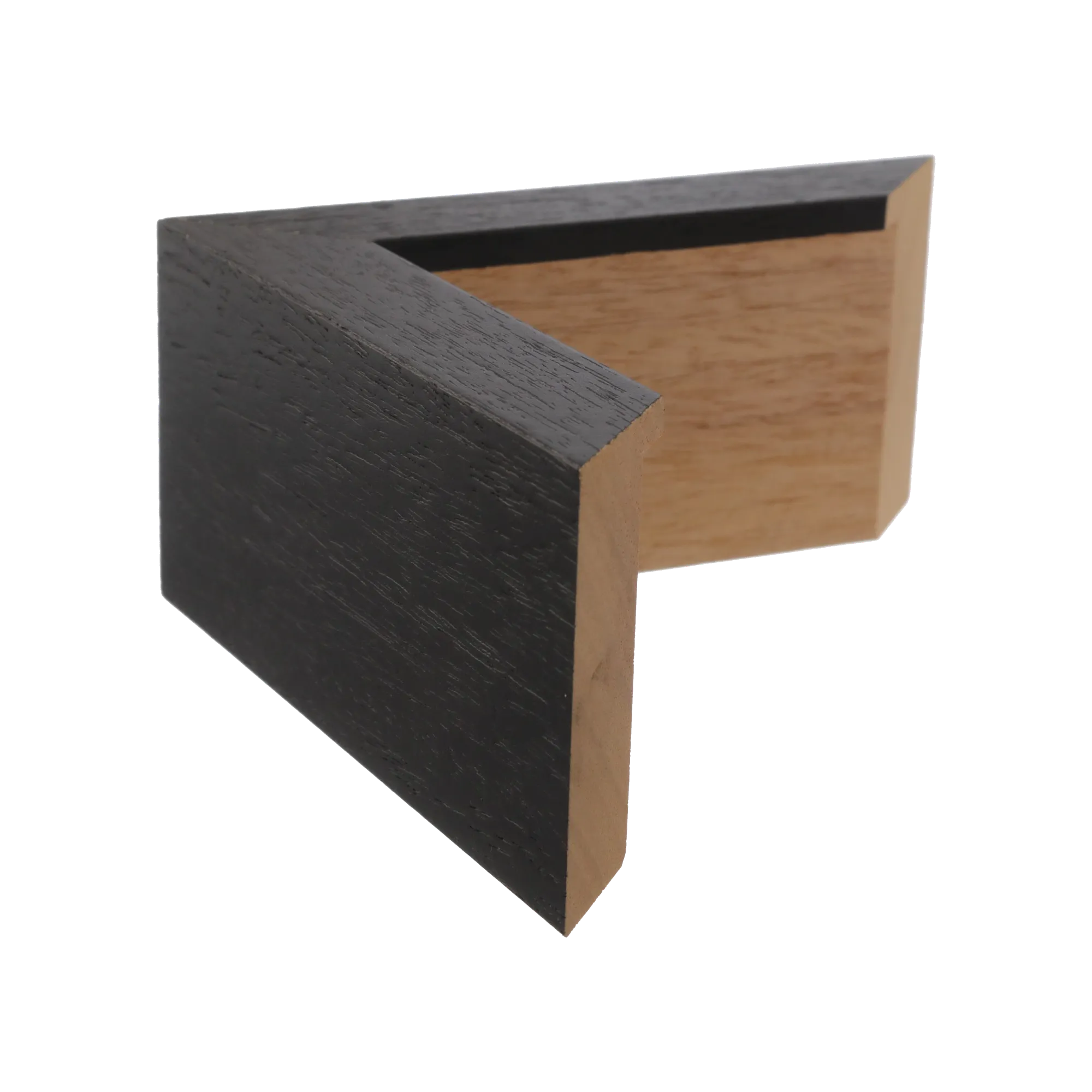 Side view of Spacer II picture frame in black grain